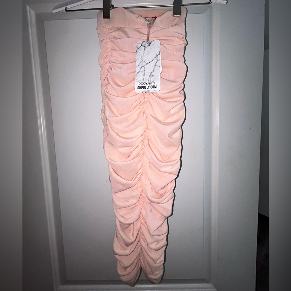 NWT Oh Polly bodycon peach rusched midi dress sz 2 Small XS S spandex stretch